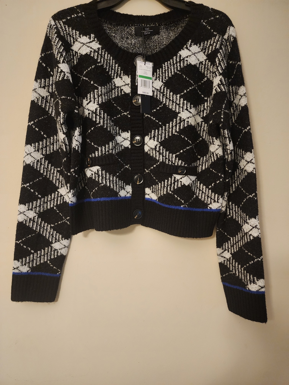 Black & White Argyle Button-Front Cardigan with Blue Trim